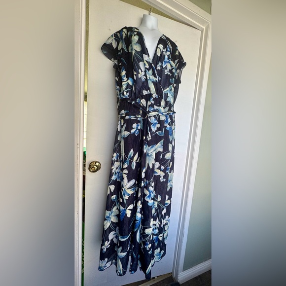 Alexa B Nites Dresses & Skirts - Floral Wrap Maxi Dress in Navy and Blue